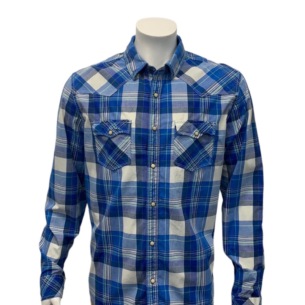 Aeropostale Blue White Green Plaid Western Cowboy Pearl Snap LS Shirt XL